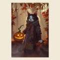 A vertical art print featuring a black and white cat dressed in a dark coat and patterned scarf, standing in an autumn forest and holding a glowing jack-o'-lantern. The print is centered on a light beige background.