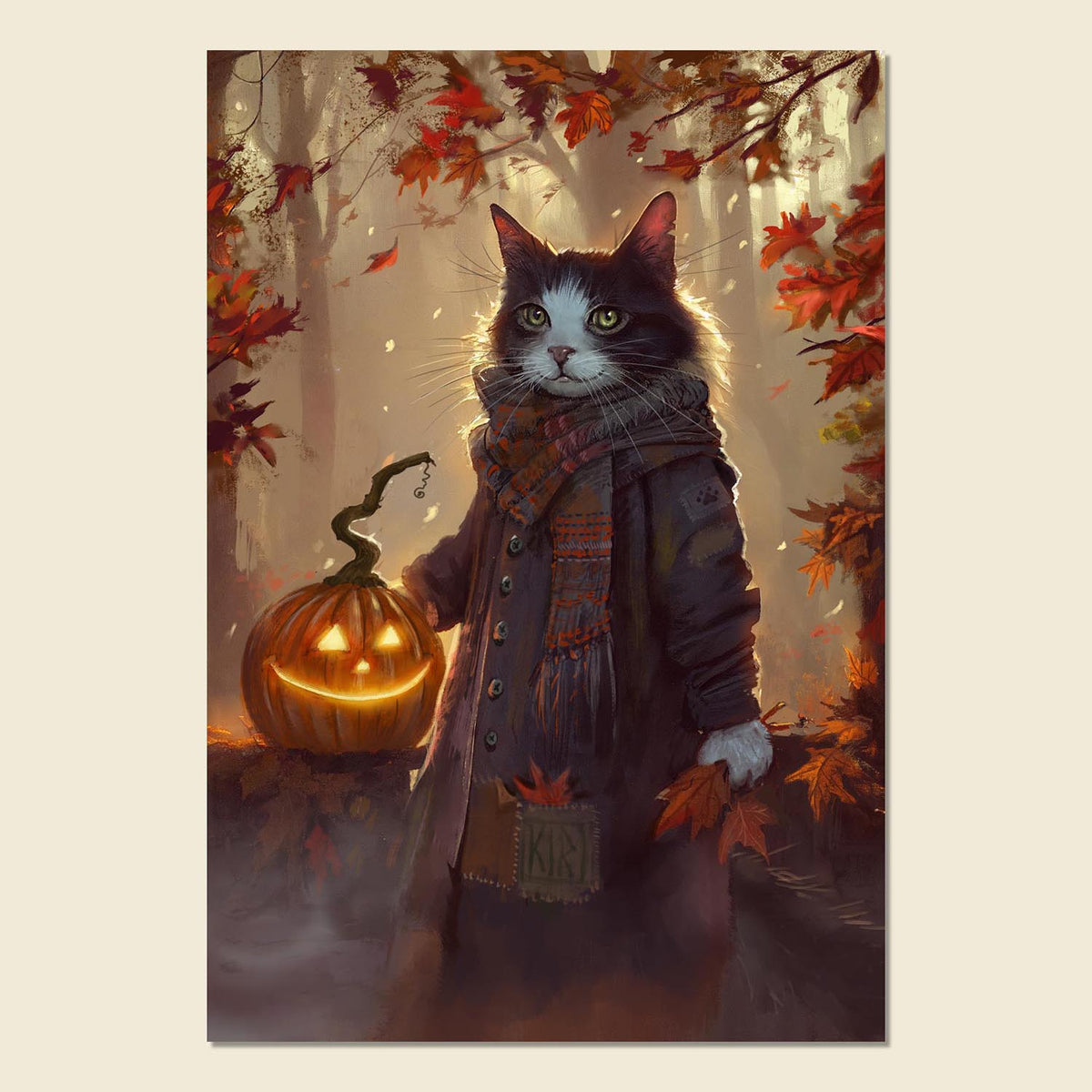 A vertical art print featuring a black and white cat dressed in a dark coat and patterned scarf, standing in an autumn forest and holding a glowing jack-o'-lantern. The print is centered on a light beige background.