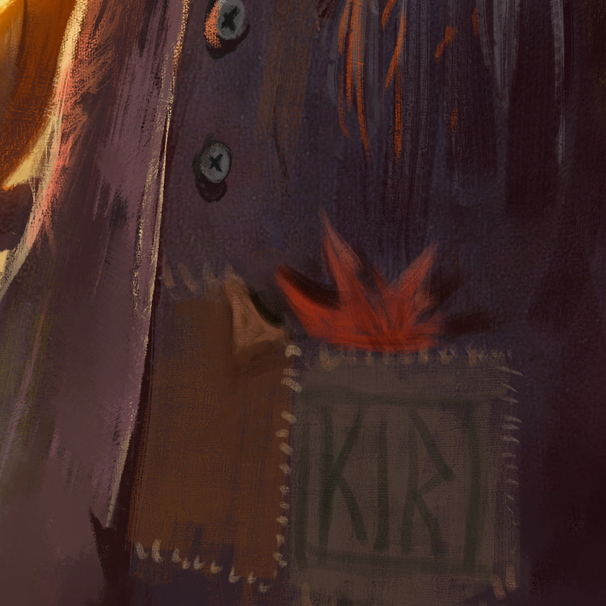 Close-up painted detail of a dark jacket or coat with buttons, a brown patch pocket, and a small red-orange flame-like shape near the pocket.