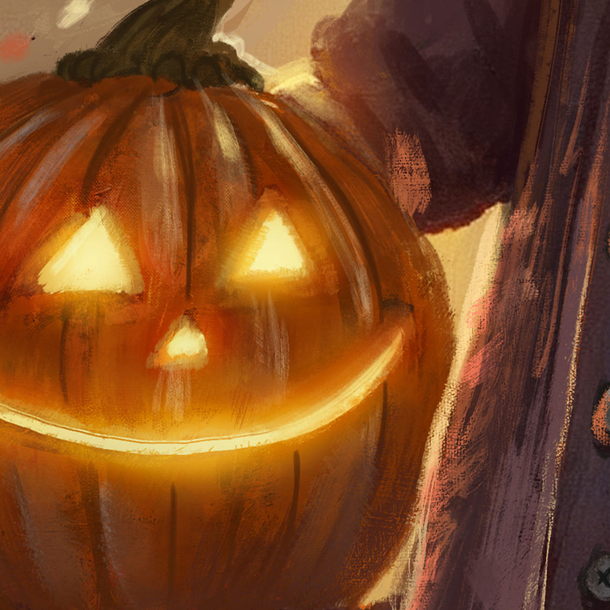 A close-up painted illustration of a glowing jack-o'-lantern pumpkin with carved triangular eyes and nose and a wide toothy grin, set against a dark warm-toned background.