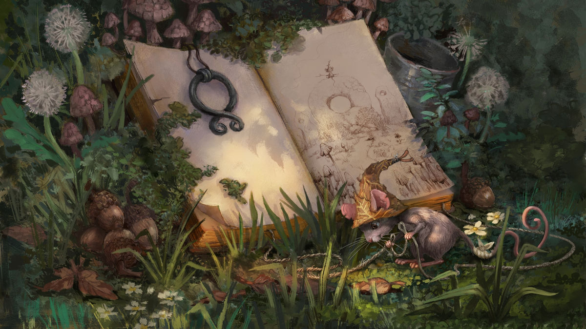 A mystical open book surrounded by a forest of mushrooms, grass, acorns, a small mouse, and a black snake on the pages, rendered in a dark fantasy illustration style.