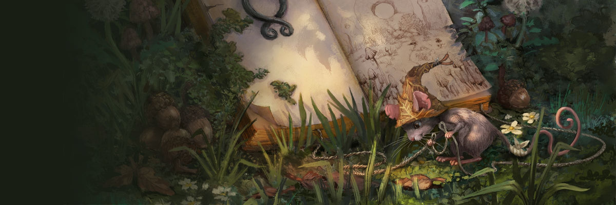 A fantasy illustration of an open ancient book lying in a lush forest floor setting, surrounded by grass, mushrooms, and small creatures, with a dark blurred area on the left.