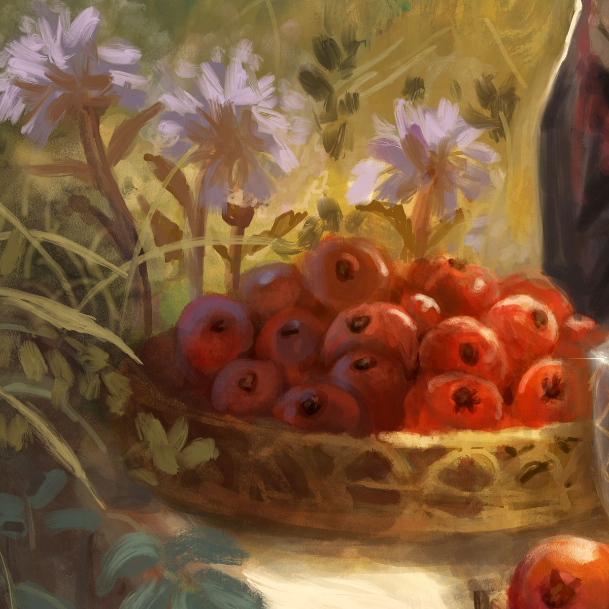 Still life painting of a basket filled with red apples, surrounded by soft purple flowers and green leaves, rendered in warm painterly brushstrokes.