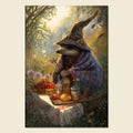 A vertical fantasy art print showing a small animal dressed as a witch in a sunlit garden setting, seated at a table with flowers, fruit, candles, and plants. The artwork is centered on a light beige background.