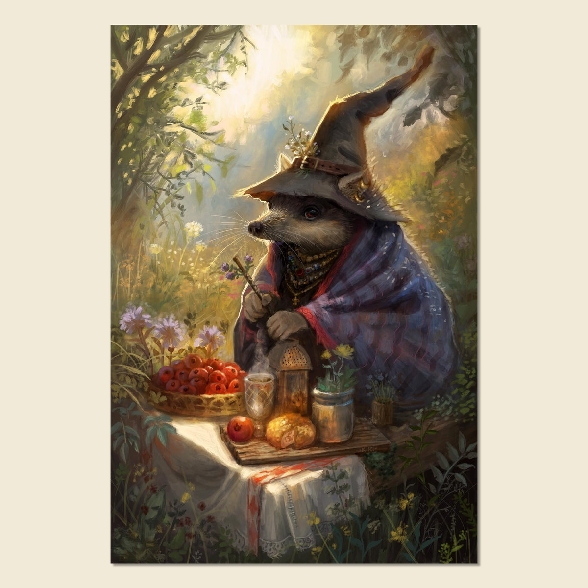 A vertical fantasy art print showing a small animal dressed as a witch in a sunlit garden setting, seated at a table with flowers, fruit, candles, and plants. The artwork is centered on a light beige background.