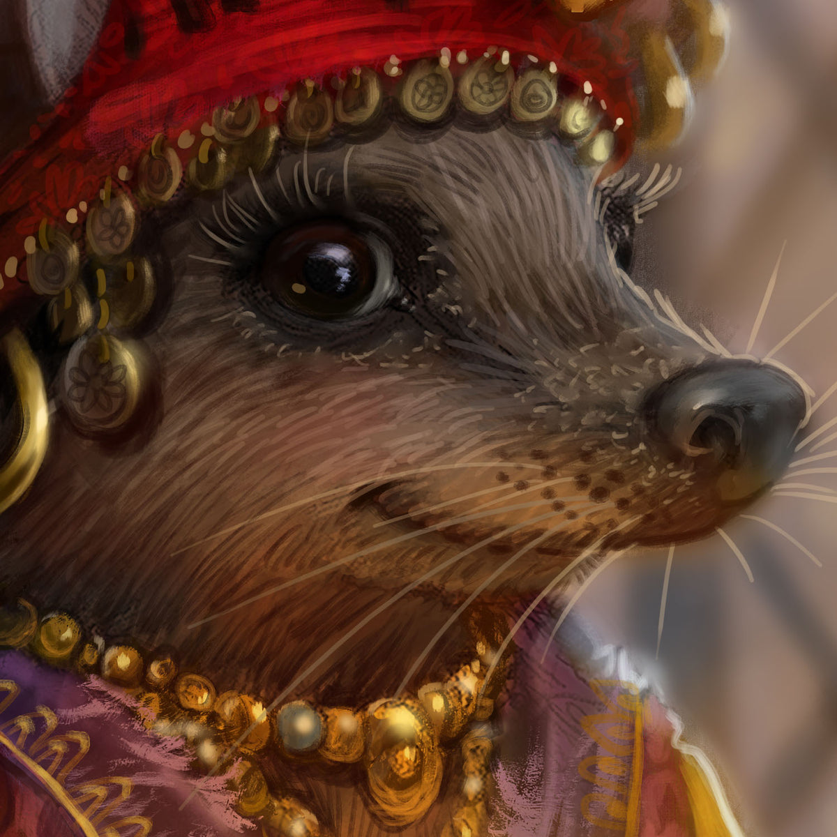 A close-up portrait of an anthropomorphic animal character wearing ornate red and gold headwear, jewelry, and a purple garment against a softly blurred warm background.
