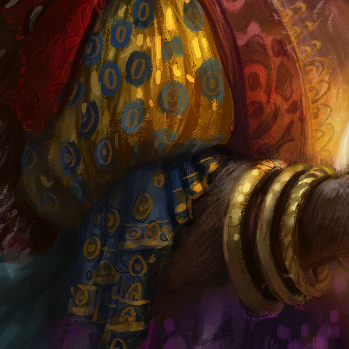 Close-up artwork of a person wearing ornate gold bangles and a patterned blue and gold garment, with warm red and orange tones in the background.