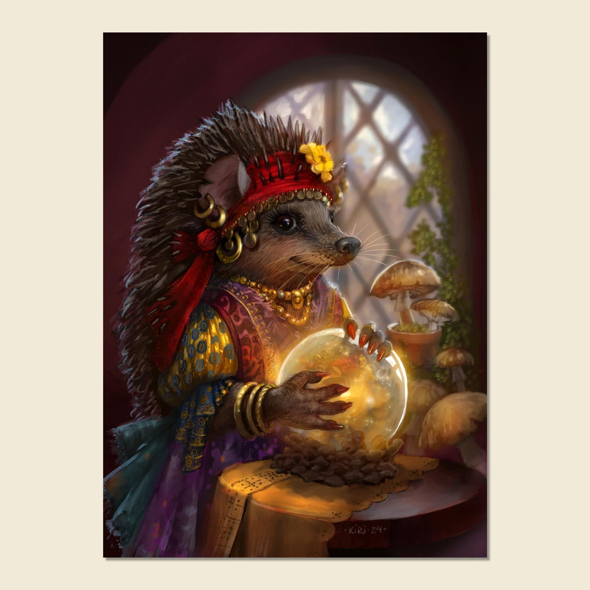 A fantasy art print featuring an anthropomorphic hedgehog dressed as a sorceress, holding a glowing crystal ball in a mystical room with mushrooms and an arched window in the background.