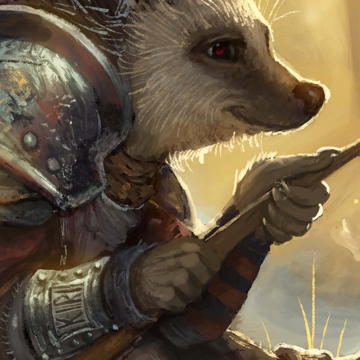 A close-up fantasy illustration of a small fox-like creature wearing metallic armor and holding a scroll, with a warm golden background.