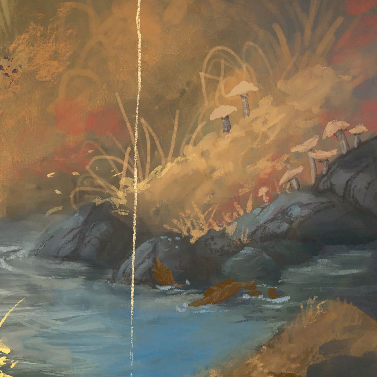 A painterly fantasy landscape artwork showing a rocky stream with blue water, golden grasses, mushrooms, and warm brown and orange tones.