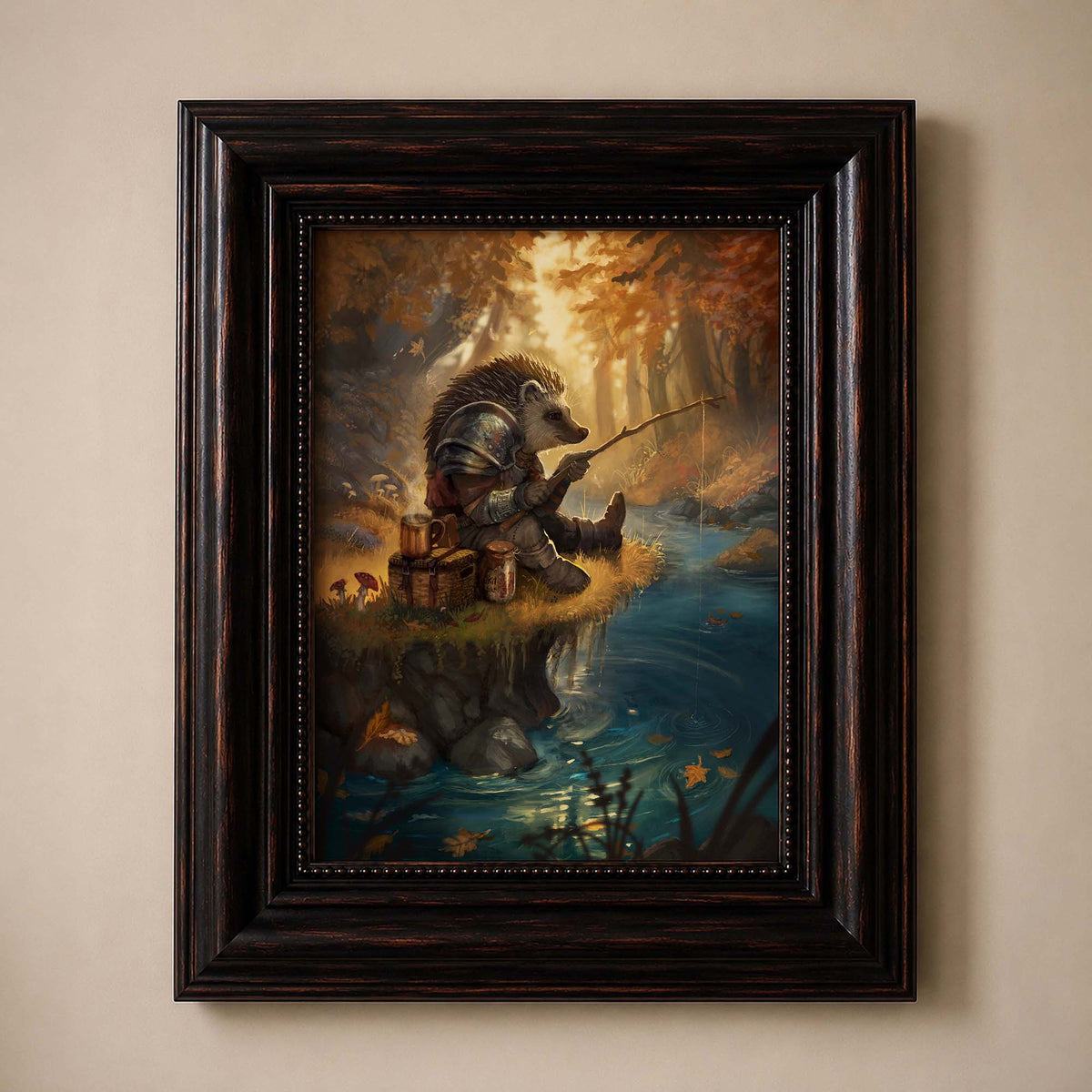 A framed fantasy art print depicting a hedgehog in armor fishing by a river, enclosed in a dark brown wooden frame and mounted on a beige wall.
