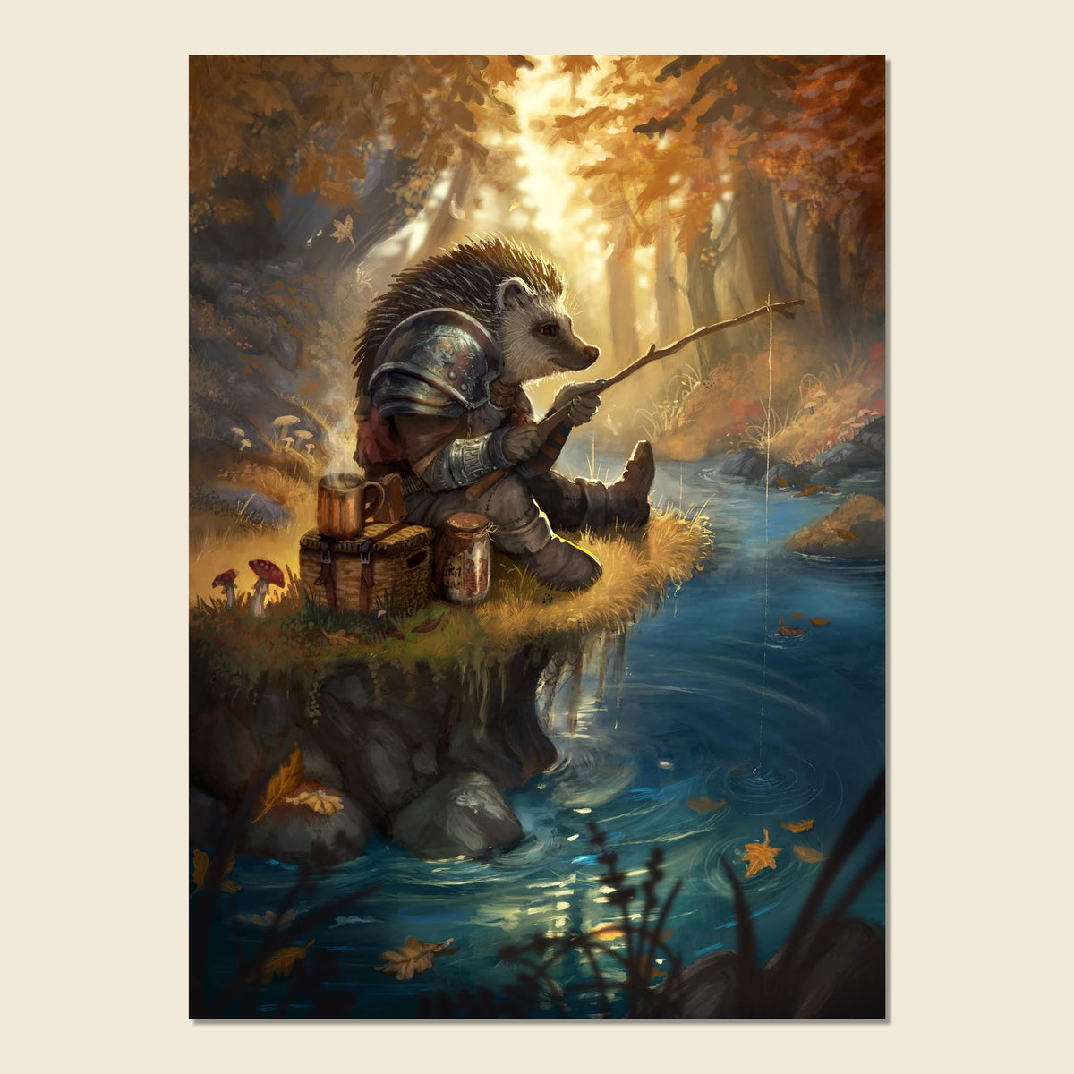 A vertical fantasy art print showing a hedgehog in medieval armor sitting by a river and fishing, surrounded by autumn trees and warm sunlight. The print is displayed against a light beige background.