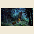 A fantasy forest scene artwork showing a glowing treehouse or cottage in a dark woodland at night, with a large brown creature in the foreground and small figures near the light. The scene is presented as a rectangular print or canvas against a light beige background.