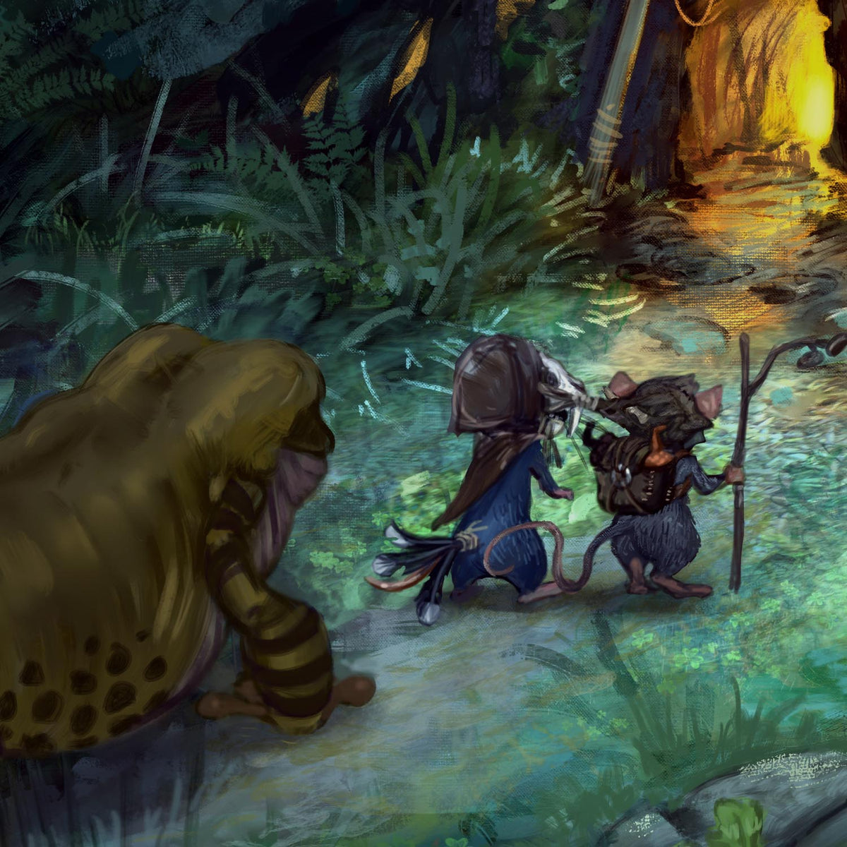 Fantasy illustration of two small mouse-like adventurers with packs and a staff walking along a forest path, with a large brown creature in the foreground and a glowing cave opening in the background.