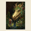 A vertical art print depicting a fantasy scene of a small mouse in a brown hat and backpack looking up at a giant dragon-like creature with horns, flowers, and greenery in a dark forest setting. The print is shown centered on a light beige background.