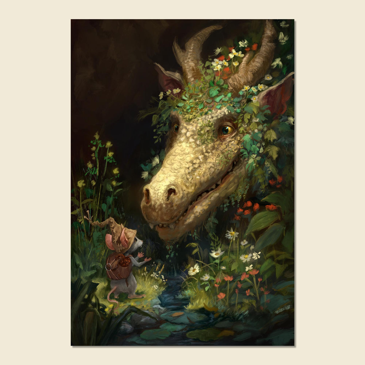 A vertical art print depicting a fantasy scene of a small mouse in a brown hat and backpack looking up at a giant dragon-like creature with horns, flowers, and greenery in a dark forest setting. The print is shown centered on a light beige background.