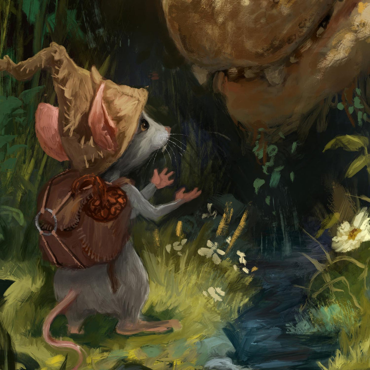 A whimsical painted scene of a small gray mouse wearing a brown hat and backpack, standing beside a stream in a dark forest and reaching toward a large brown creature or mushroom-like form overhead.