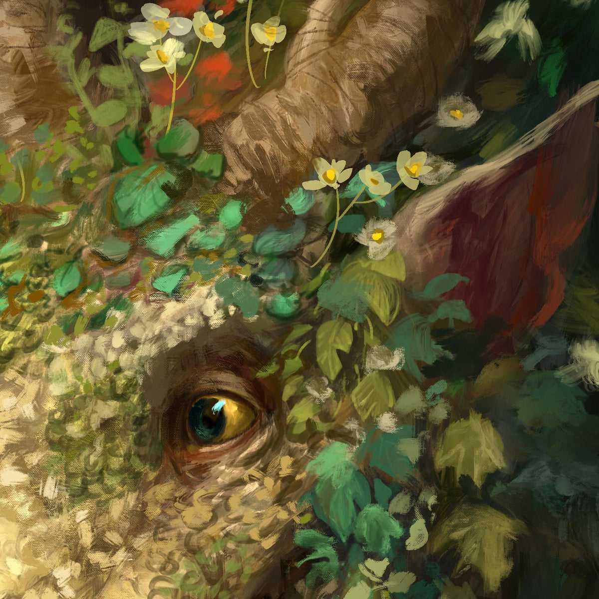A close-up painted scene of a dragon nestled among green leaves, small white flowers, and a tree trunk, with one visible golden eye and a dark red ear.