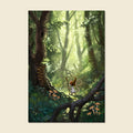 A vertical art print depicting a fantasy forest scene with a small monkey-like character holding a staff, surrounded by tall trees, glowing sunlight, mushrooms, and green foliage, shown against a light beige background.