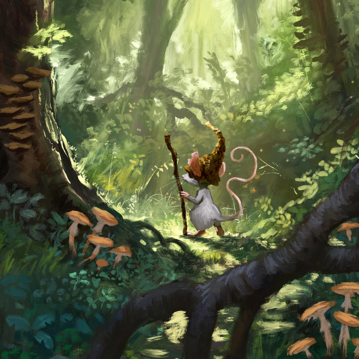 A fantasy forest scene with a small mouse-like creature holding a staff, surrounded by green foliage, mushrooms, and dappled sunlight filtering through the trees.