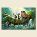 A rectangular art print featuring a whimsical fantasy illustration of three small woodland creatures perched on a mossy tree branch in a glowing forest. The print is shown against a light beige background.