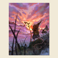 A vertical fantasy art print depicting a small mouse-like figure with a long tail and pointed hat, holding a glowing staff in a mystical landscape at sunset. The scene features dramatic pink, purple, and orange clouds, distant mountains, and dark silhouetted reeds in the foreground.