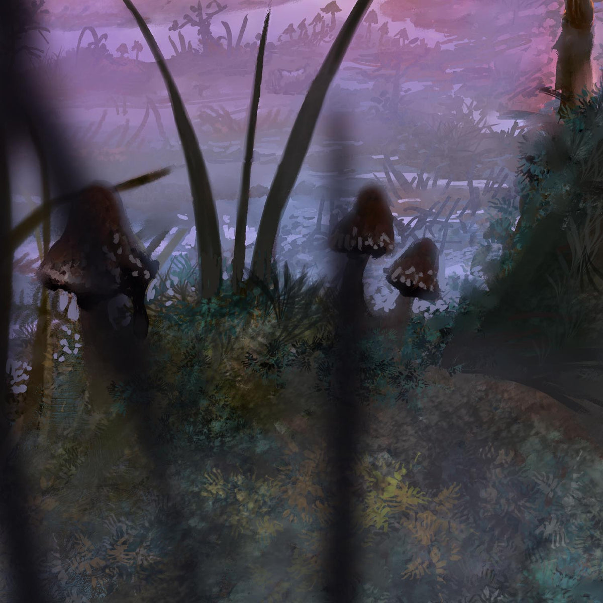 A moody fantasy forest scene with tall grasses, mushrooms, and a misty purple landscape in the background.