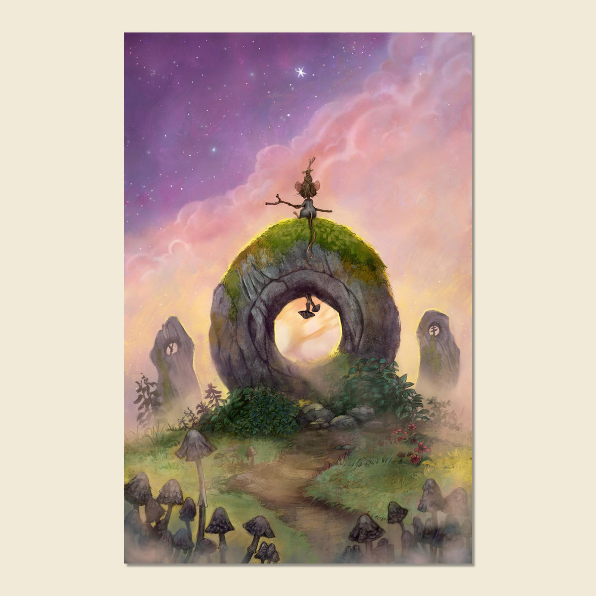 A vertical fantasy art print depicting a whimsical stone ring landscape under a starry purple and pink sky, with a small mouse standing atop the grassy stone and mushrooms in the foreground, shown against a light beige background.