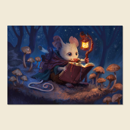 A fantasy illustration of a small white mouse in a dark forest at night, holding an open book and a glowing lantern. The scene is surrounded by mushrooms under a starry blue sky, presented as a square print on a light beige background.