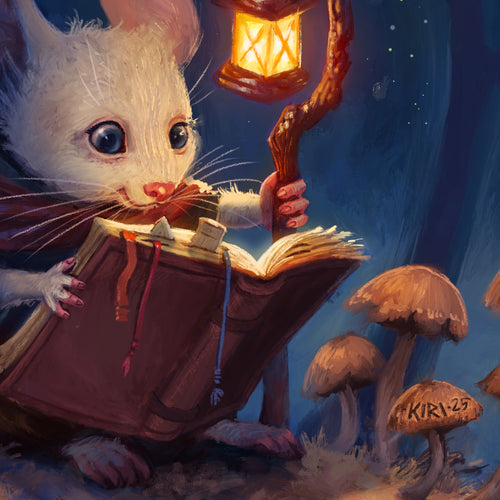 A whimsical illustration of a small white rabbit holding an open book and a glowing lantern in a dark forest with mushrooms. The artwork has a painterly, digital-art style with warm golden light contrasting against deep blue shadows.