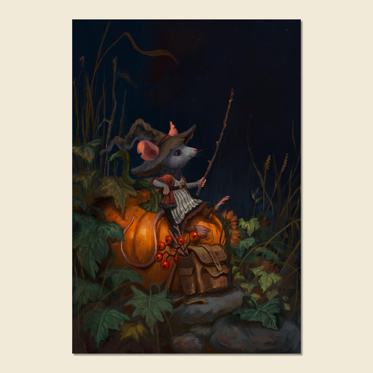 A vertical art print featuring a whimsical illustration of a small gray mouse dressed in a witch hat and striped dress, sitting on a glowing orange pumpkin and holding a staff in a dark, mystical garden scene.