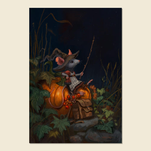 A vertical art print featuring a whimsical illustration of a small gray mouse dressed in a witch hat and striped dress, sitting on a glowing orange pumpkin and holding a staff in a dark, mystical garden scene.