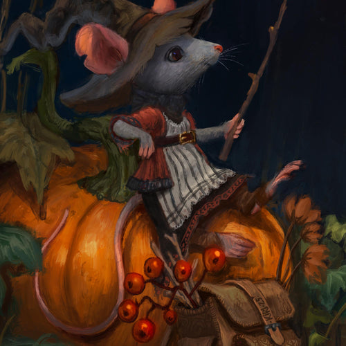 A whimsical painted scene of a gray mouse wearing a witch hat and striped dress, sitting on a large orange pumpkin and holding a staff in a dark, atmospheric setting with autumn leaves and glowing berries.