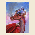 A vertical art print featuring a painted red dragon with blue accents, shown in profile with two crows on its horns against a pastel sky background. The print is centered on a light beige background.