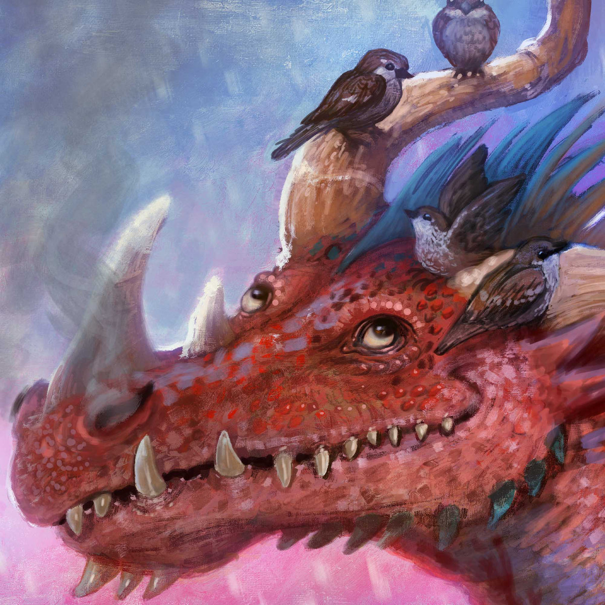 A fantasy painting of a red dragon head with small birds perched on its horns and head, rendered in painterly brushstrokes with blue, pink, and brown tones.