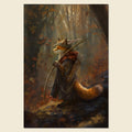 A vertical art print depicting an anthropomorphic fox dressed as a rustic Robin Hood with a bow and scythe, standing in a misty autumn forest. The print is shown centered on a light beige background.