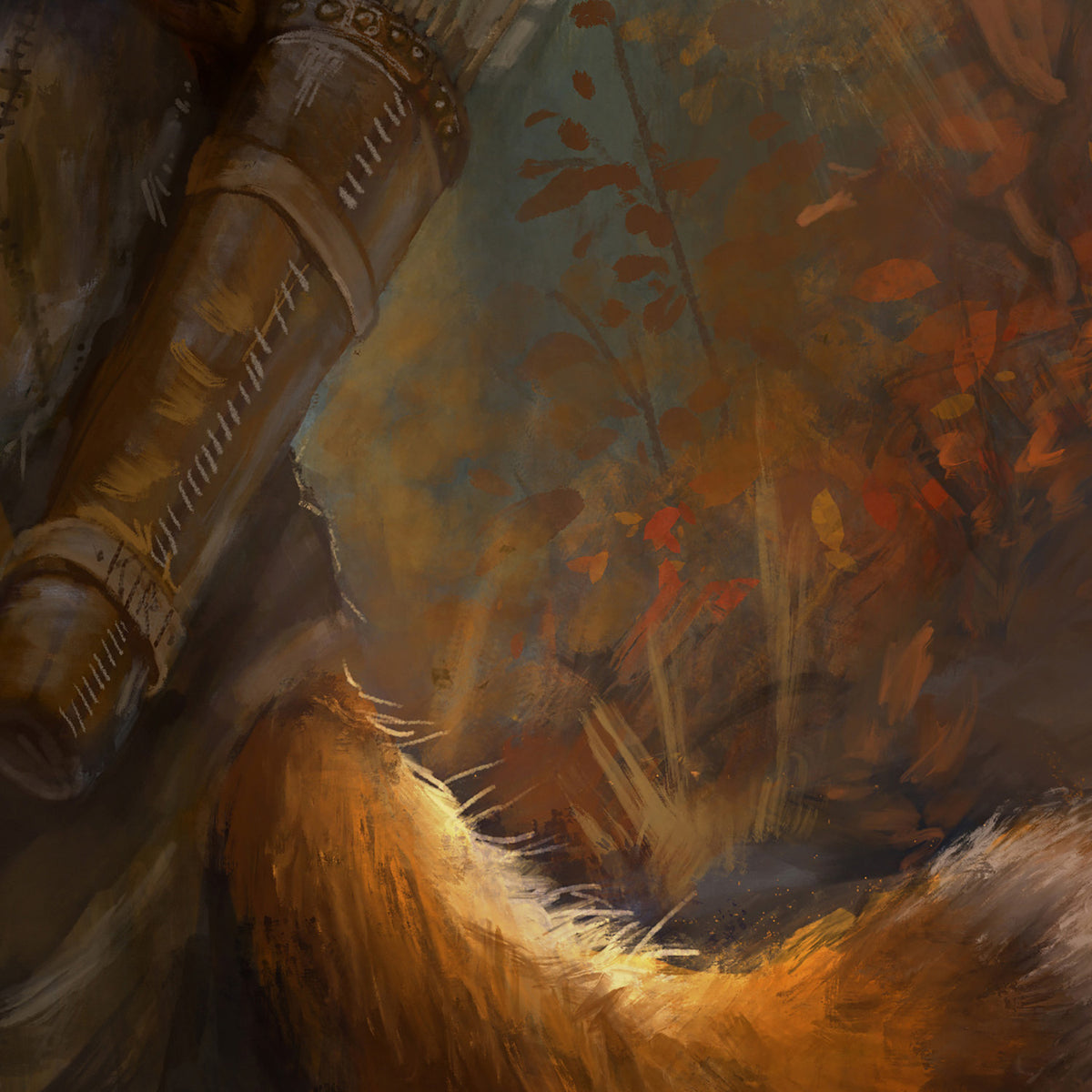 A painterly fantasy scene showing a large armored leg or mechanical arm on the left and a glowing orange-brown furry form in the foreground, with autumn leaves and warm light in the background.