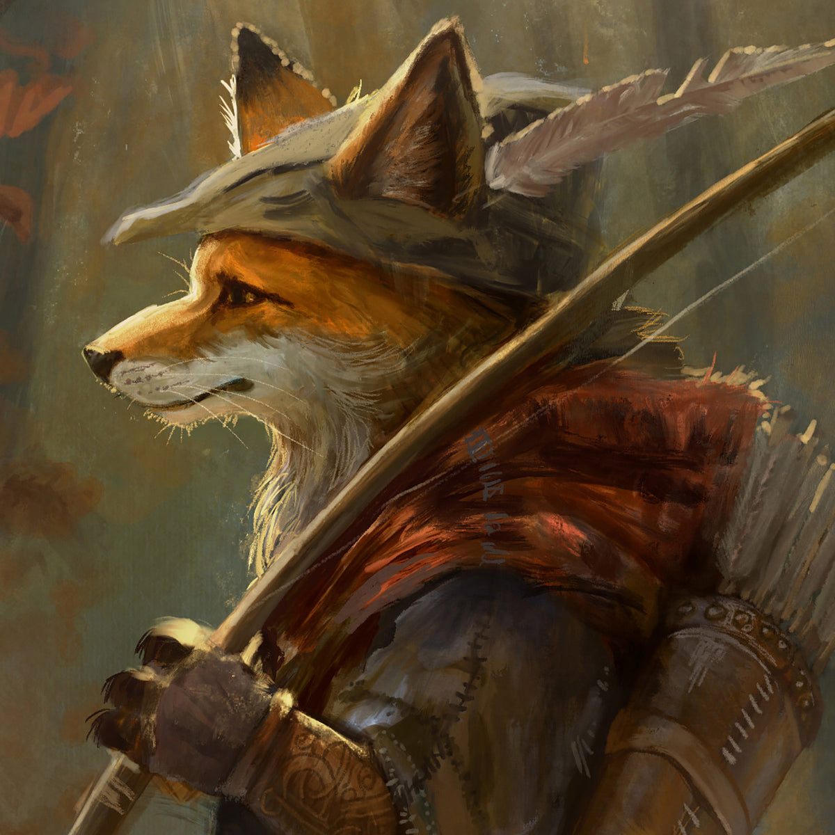 A painted portrait of a fox dressed as an adventurer, wearing a wide-brimmed hat with a feather, a red cloak, and armor, holding a bow. The artwork fills the entire frame.