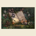 A square art print depicting a whimsical forest still life with an open book, mushrooms, a mouse, shown against a light beige background.