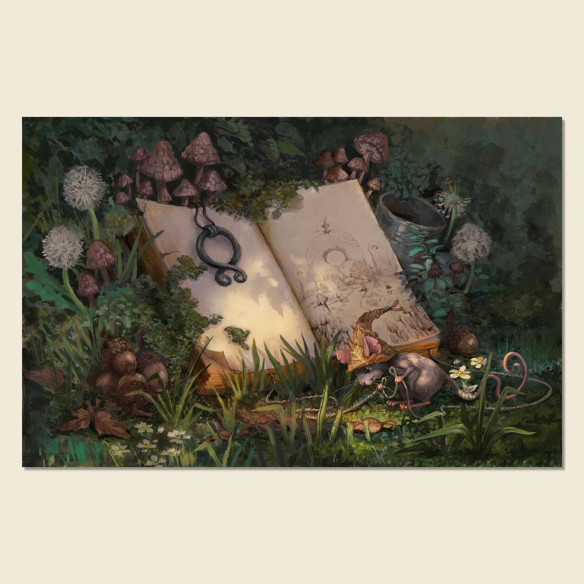 A square art print depicting a whimsical forest still life with an open book, mushrooms, a mouse, shown against a light beige background.