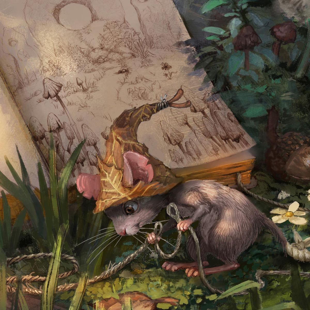 A whimsical fantasy illustration of a small gray mouse wearing a leaf hat, standing in a mossy forest beside an open sketchbook filled with mushroom drawings.