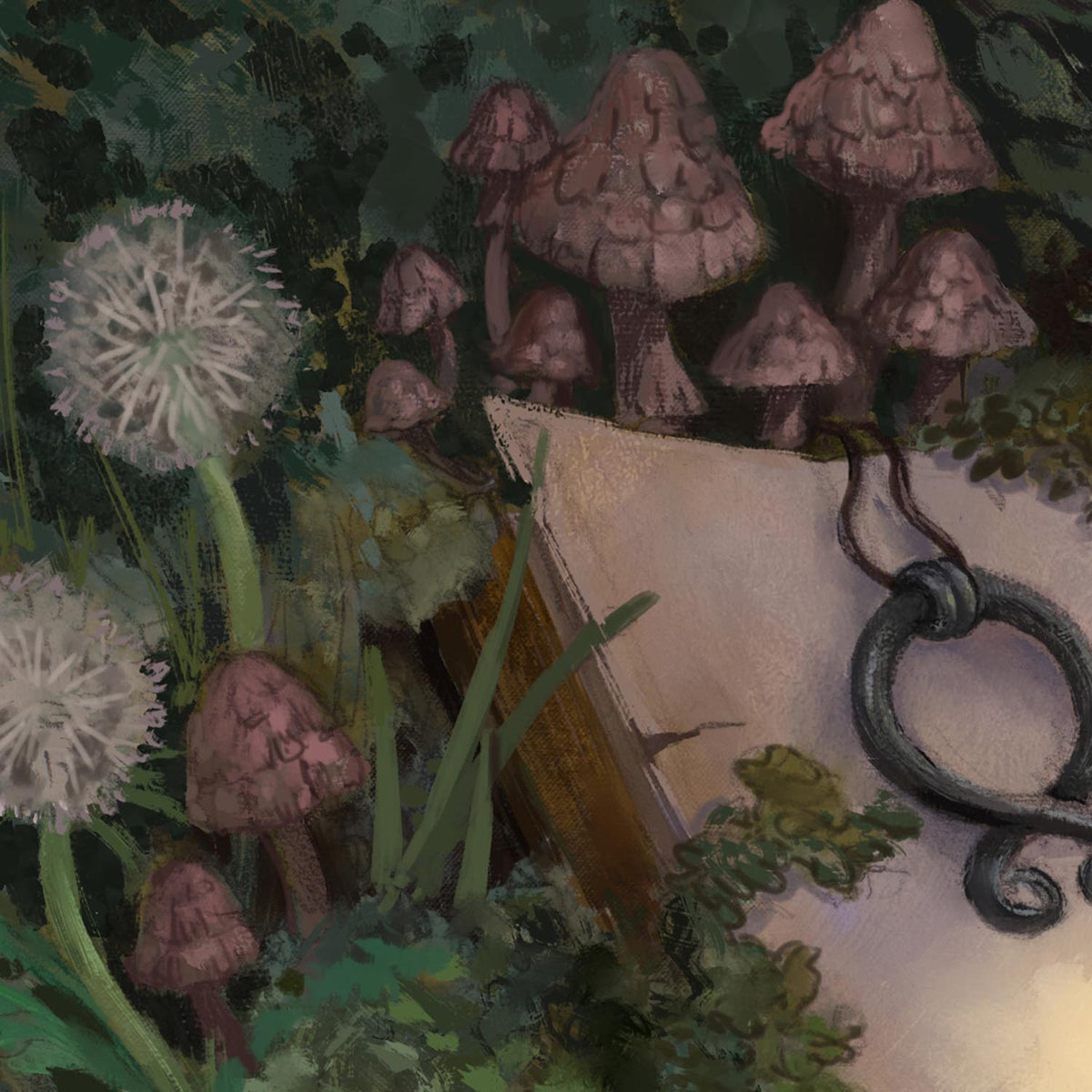 A whimsical, painterly illustration of a vintage book lying in a forest among pinkish-brown mushrooms, green foliage, and white dandelion-like blooms. A dark metal ring hangs from the book.