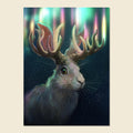 A vertical art print featuring a fantasy deer or hare with large antlers, shown in profile against a dark background with colorful aurora-like vertical lights. The print is centered on a light beige background.