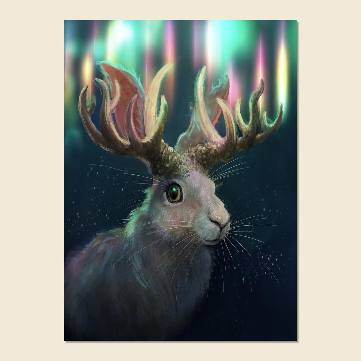 A vertical art print featuring a fantasy deer or hare with large antlers, shown in profile against a dark background with colorful aurora-like vertical lights. The print is centered on a light beige background.