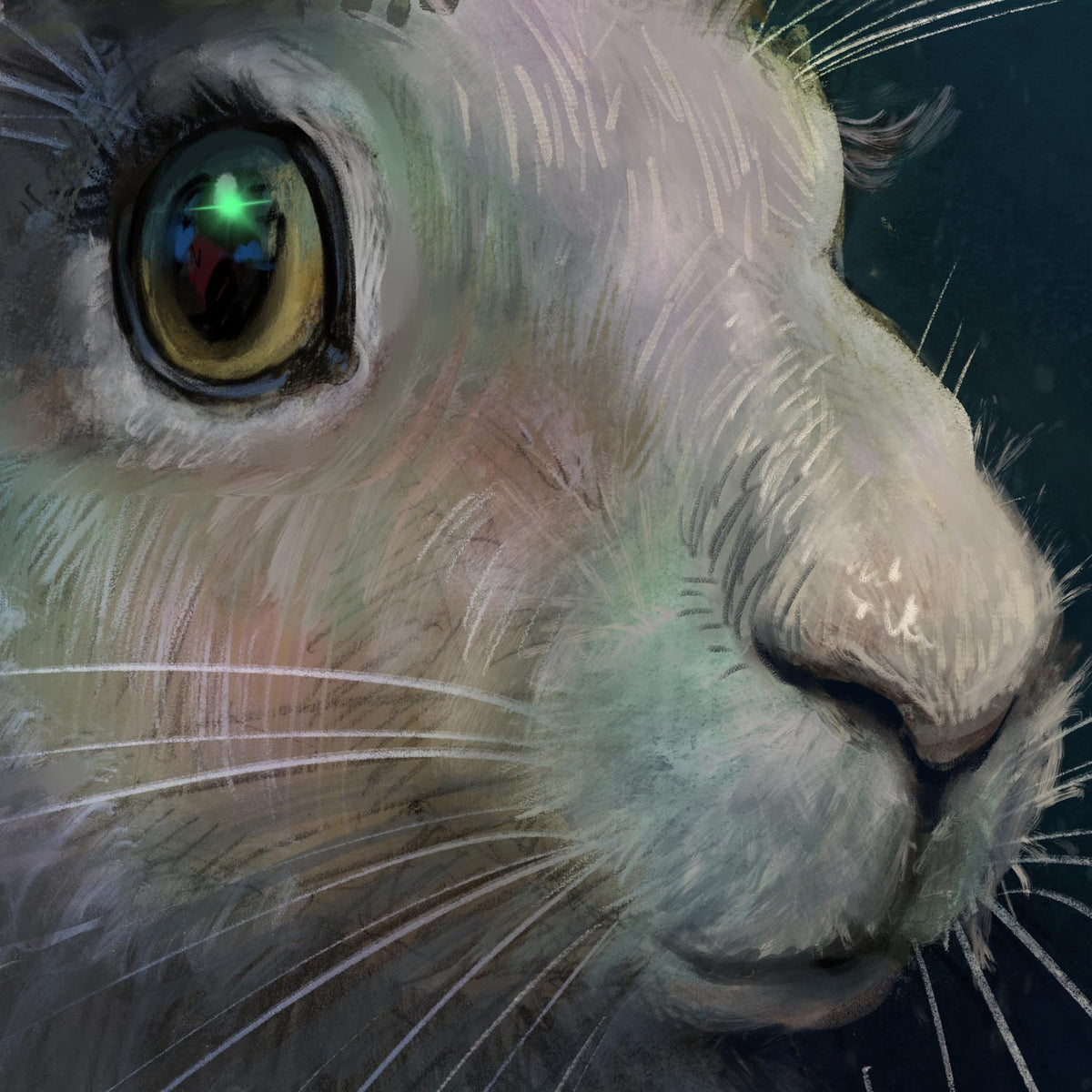 Close-up digital painting of a rabbit's face, showing detailed fur texture, a prominent eye with a green star reflection, and long white whiskers against a dark background.
