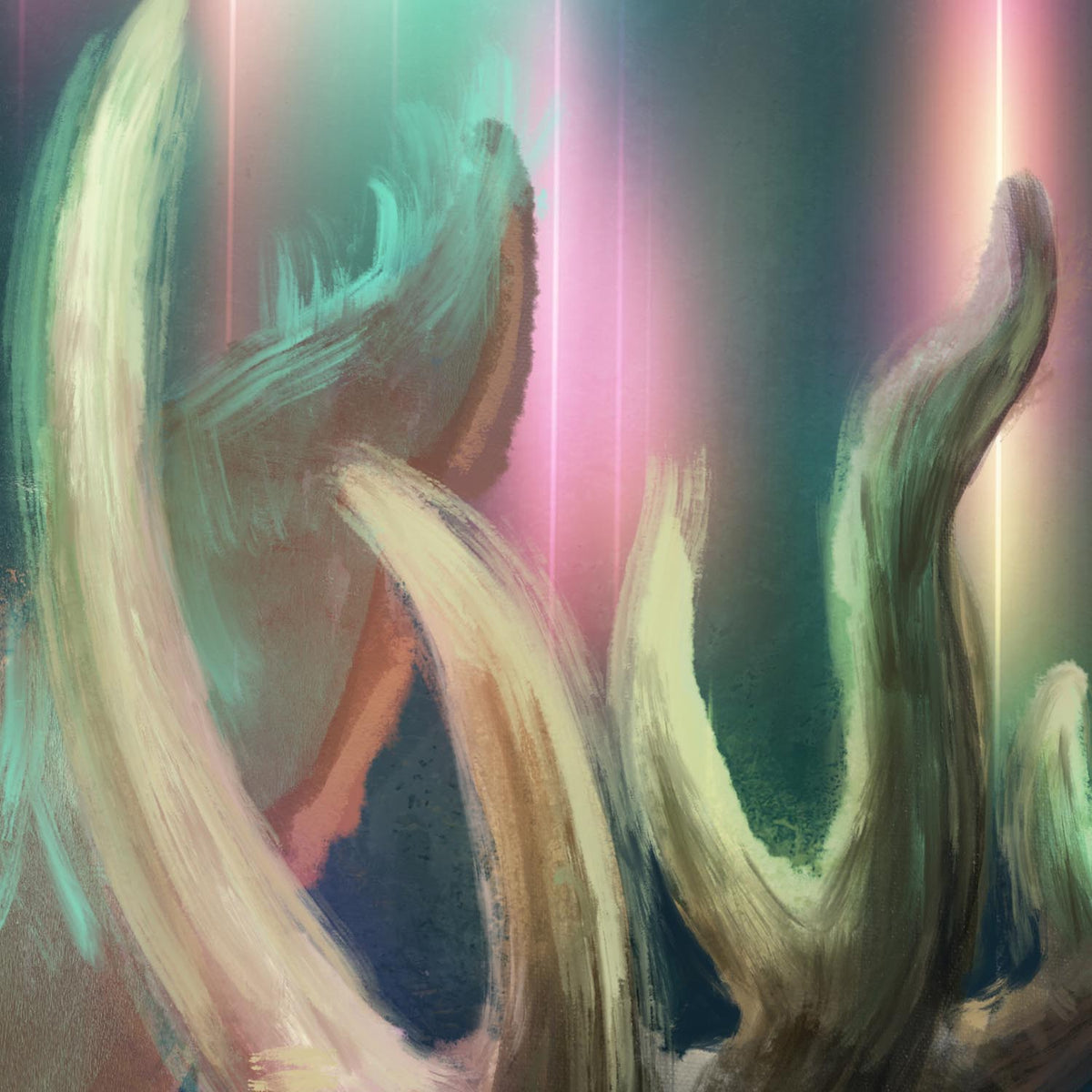 Abstract digital painting featuring organic, flowing brushstroke shapes in cream, teal, green, and brown against vertical pink and yellow light beams.