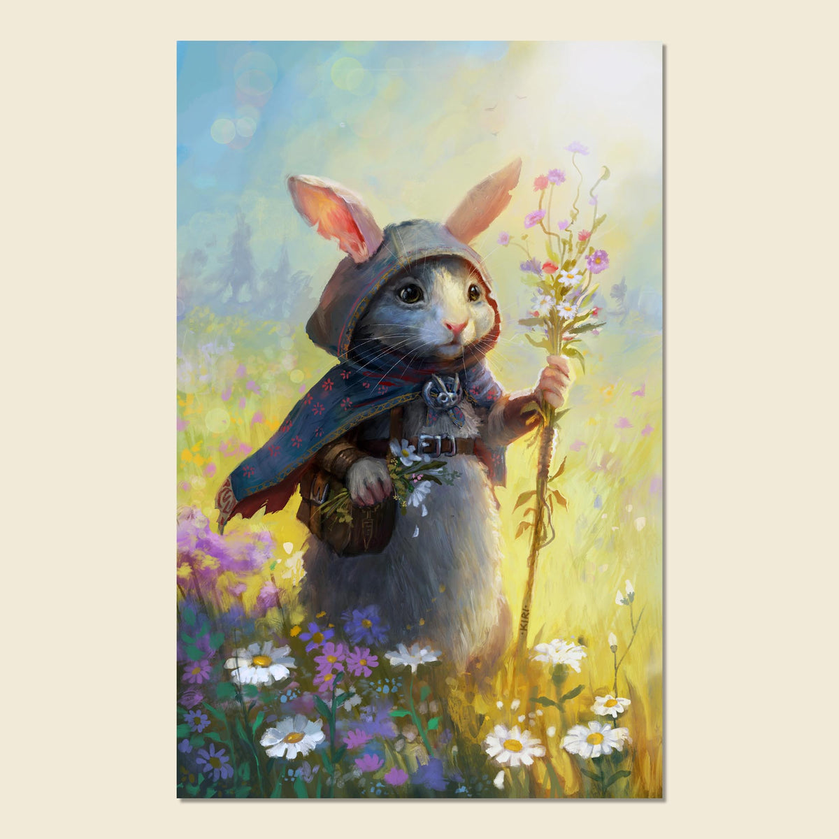 A vertical art print featuring a whimsical painting of a rabbit dressed as a knight in a flower field, holding a staff and shield, set against a light beige background.