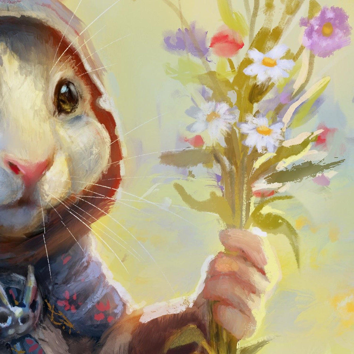 A painted illustration of a rabbit holding a bouquet of wildflowers, with a soft pastel background in yellow, green, and cream tones.