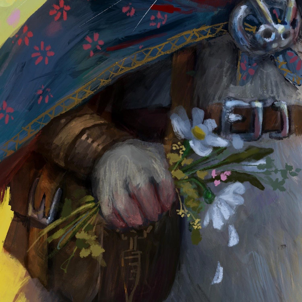 A close-up painted scene of a person in dark clothing holding a bouquet of white and pink flowers, with a blue floral shawl and metallic buckle details visible.