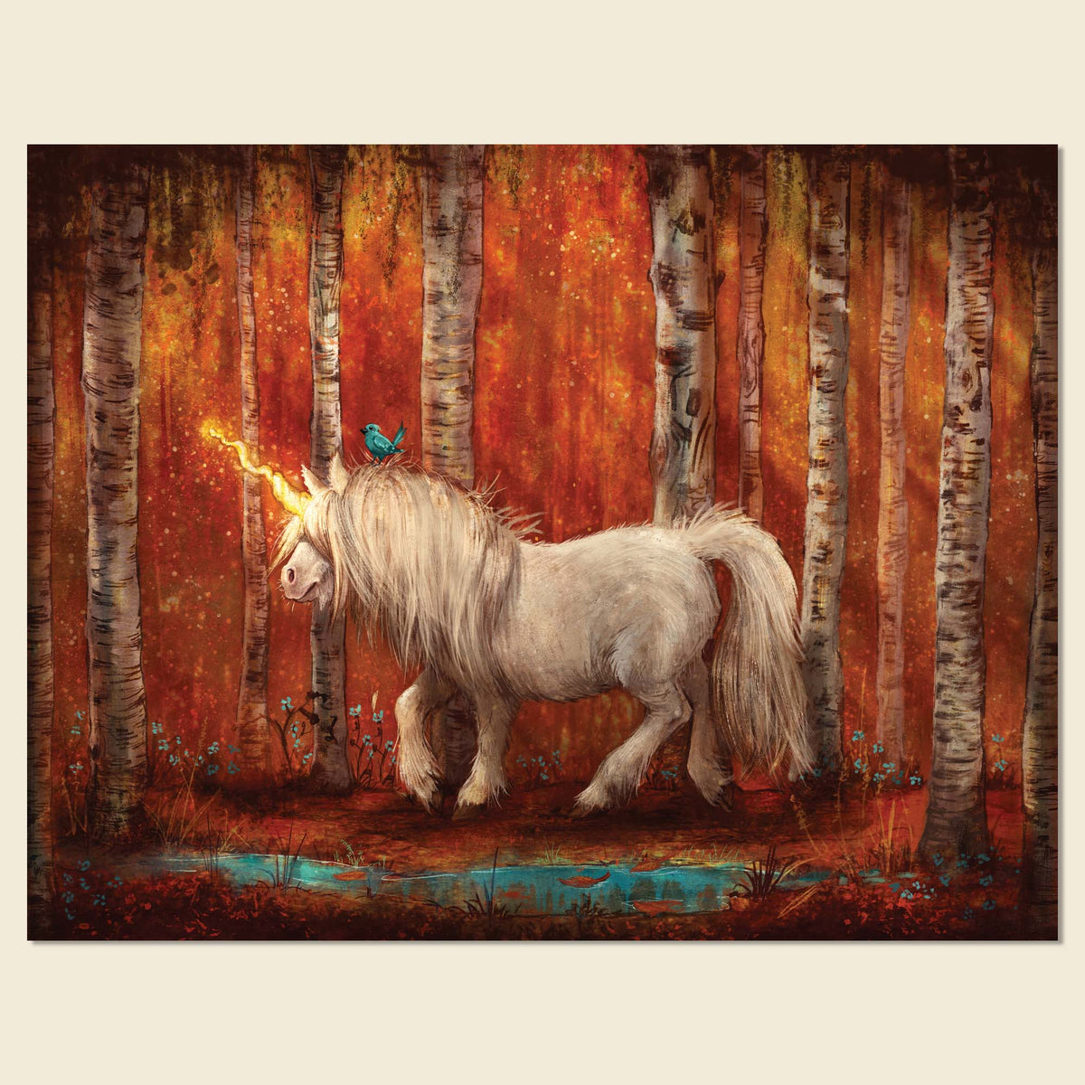 A fantasy art print depicting a white unicorn with a glowing golden horn walking through an autumn birch forest with a small blue pond and a blue bird on its neck, shown against a light beige background.